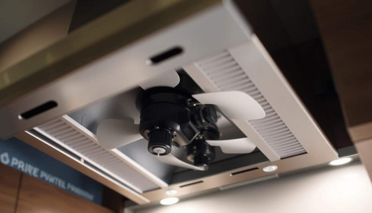 A detailed close-up of a kitchen range hood or exhaust fan, showcasing its internal components and mechanisms. The scene is illuminated by soft, diffused lighting, revealing the intricate details of the fan blades, motors, filters, and air vents. The image has a technical, instructional feel, conveying a sense of understanding and troubleshooting the inner workings of the appliance. The background is slightly blurred, keeping the focus on the range hood's anatomy and the key elements that may contribute to its performance issues. The overall mood is one of problem-solving and technical analysis, encouraging the viewer to closely examine the appliance and identify potential areas of concern. A detailed close-up of a kitchen range hood or exhaust fan, showcasing its internal components and mechanisms. The scene is illuminated by soft, diffused lighting, revealing the intricate details of the fan blades, motors, filters, and air vents. The image has a technical, instructional feel, conveying a sense of understanding and troubleshooting the inner workings of the appliance. The background is slightly blurred, keeping the focus on the range hood's anatomy and the key elements that may contribute to its performance issues. The overall mood is one of problem-solving and technical analysis, encouraging the viewer to closely examine the appliance and identify potential areas of concern.