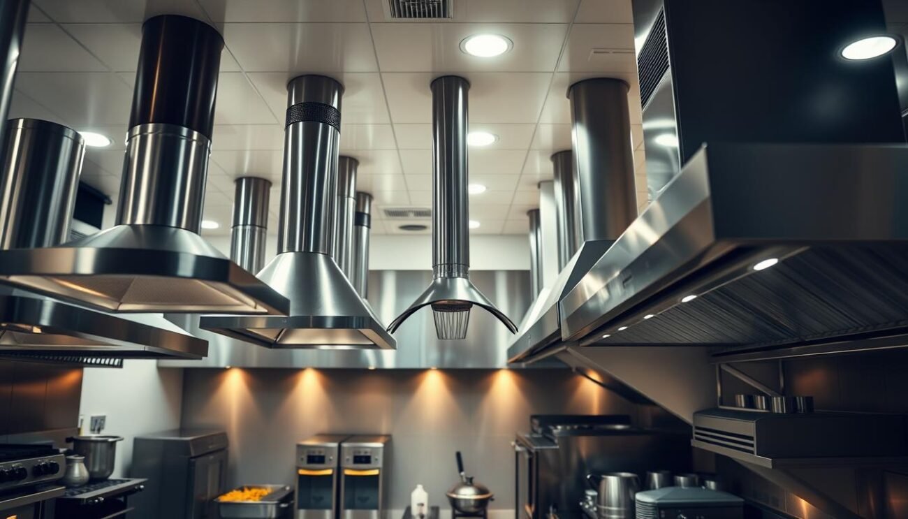 A high-angle shot of a well-lit commercial kitchen interior, featuring an assortment of restaurant chimneys in the foreground. The chimneys range from simple, cylindrical designs to more complex, flared models with decorative metal accents. The middle ground showcases a variety of cooking appliances and preparation surfaces, while the background blends into a softly lit, atmospheric setting. The scene conveys a sense of efficiency, functionality, and attention to ventilation, reflecting the professional nature of a modern restaurant kitchen. A high-angle shot of a well-lit commercial kitchen interior, featuring an assortment of restaurant chimneys in the foreground. The chimneys range from simple, cylindrical designs to more complex, flared models with decorative metal accents. The middle ground showcases a variety of cooking appliances and preparation surfaces, while the background blends into a softly lit, atmospheric setting. The scene conveys a sense of efficiency, functionality, and attention to ventilation, reflecting the professional nature of a modern restaurant kitchen.