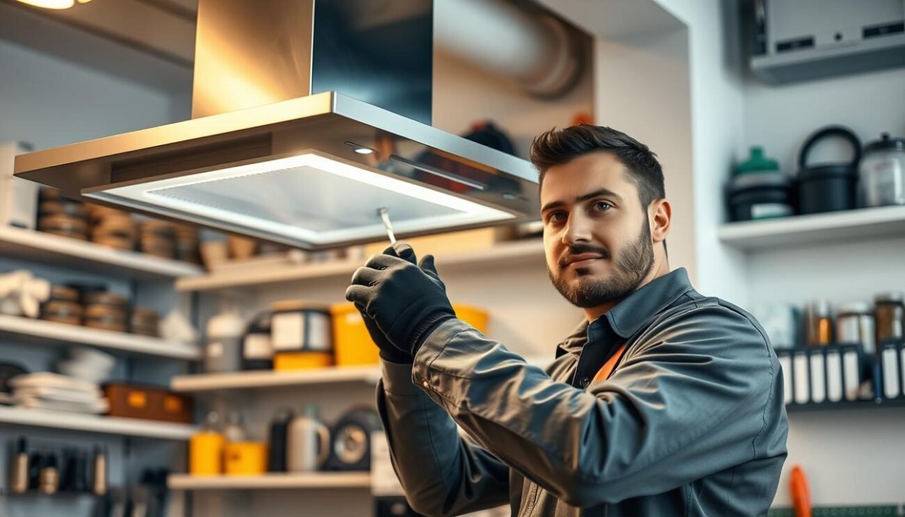 A modern, well-equipped workshop with neatly organized tools and equipment. In the foreground, a technician wearing a uniform is repairing a kitchen exhaust fan using specialized tools and a focused expression. Soft, warm lighting illuminates the scene, creating a professional and efficient atmosphere. The background features shelves stocked with replacement parts and accessories, conveying a sense of expertise and preparedness to handle any kitchen exhaust repair need quickly and reliably. The overall composition suggests a trustworthy and responsive service for kitchen exhaust repair in Kuwait. A modern, well-equipped workshop with neatly organized tools and equipment. In the foreground, a technician wearing a uniform is repairing a kitchen exhaust fan using specialized tools and a focused expression. Soft, warm lighting illuminates the scene, creating a professional and efficient atmosphere. The background features shelves stocked with replacement parts and accessories, conveying a sense of expertise and preparedness to handle any kitchen exhaust repair need quickly and reliably. The overall composition suggests a trustworthy and responsive service for kitchen exhaust repair in Kuwait.