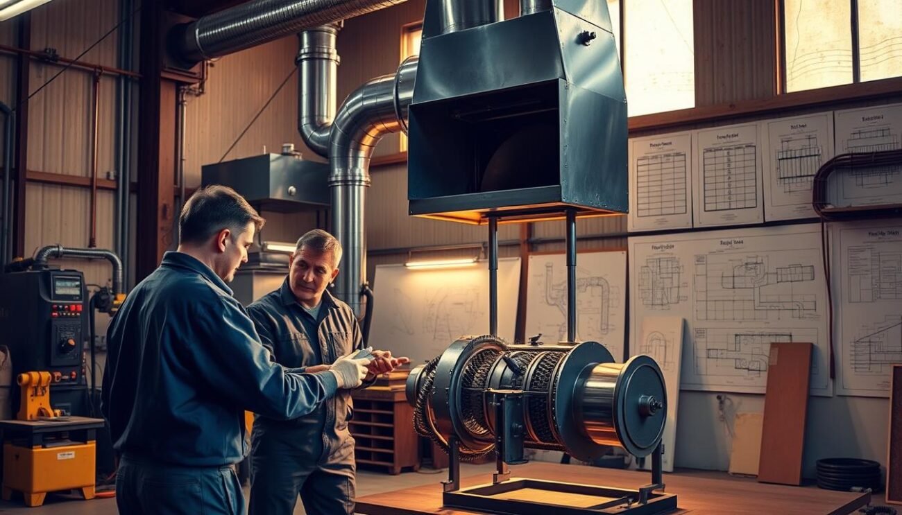A modern, well-equipped workshop with specialized machinery and skilled technicians. A team of experts carefully examining a large, complex metal ventilation system, meticulously planning the installation of a sturdy, efficient chimney. Warm, directional lighting illuminates the scene, casting dramatic shadows that highlight the intricate engineering. In the background, architectural schematics and technical diagrams provide context. An atmosphere of precision, professionalism, and a commitment to delivering high-quality results. A modern, well-equipped workshop with specialized machinery and skilled technicians. A team of experts carefully examining a large, complex metal ventilation system, meticulously planning the installation of a sturdy, efficient chimney. Warm, directional lighting illuminates the scene, casting dramatic shadows that highlight the intricate engineering. In the background, architectural schematics and technical diagrams provide context. An atmosphere of precision, professionalism, and a commitment to delivering high-quality results.