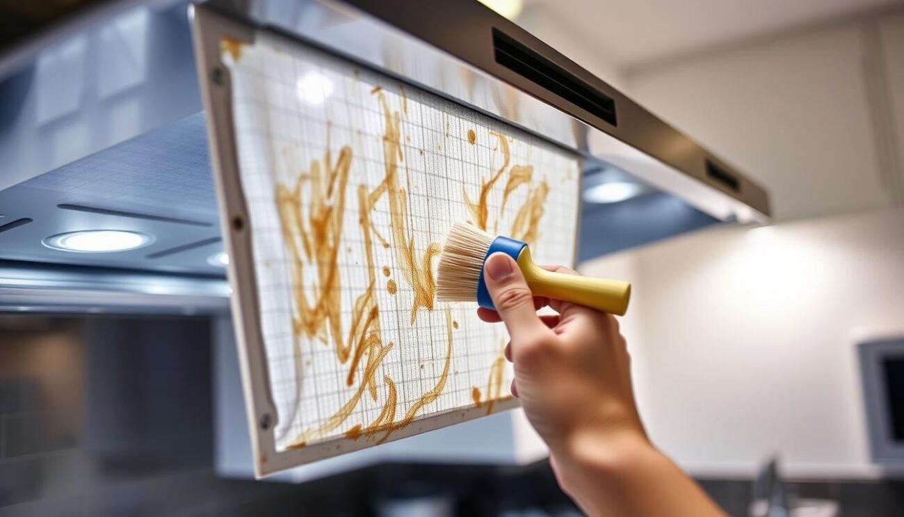A well-lit kitchen scene with a close-up view of a kitchen exhaust filter being cleaned. The filter is covered in grease and dirt, and the person's hands are using a brush and cleaning solution to scrub the filter, removing the grime and restoring its original condition. The background is blurred, but shows the kitchen countertop and appliances. The lighting is soft and diffused, creating a warm, inviting atmosphere. The focus is on the act of cleaning the filter, emphasizing the importance of proper maintenance for optimal kitchen exhaust performance. A well-lit kitchen scene with a close-up view of a kitchen exhaust filter being cleaned. The filter is covered in grease and dirt, and the person's hands are using a brush and cleaning solution to scrub the filter, removing the grime and restoring its original condition. The background is blurred, but shows the kitchen countertop and appliances. The lighting is soft and diffused, creating a warm, inviting atmosphere. The focus is on the act of cleaning the filter, emphasizing the importance of proper maintenance for optimal kitchen exhaust performance.