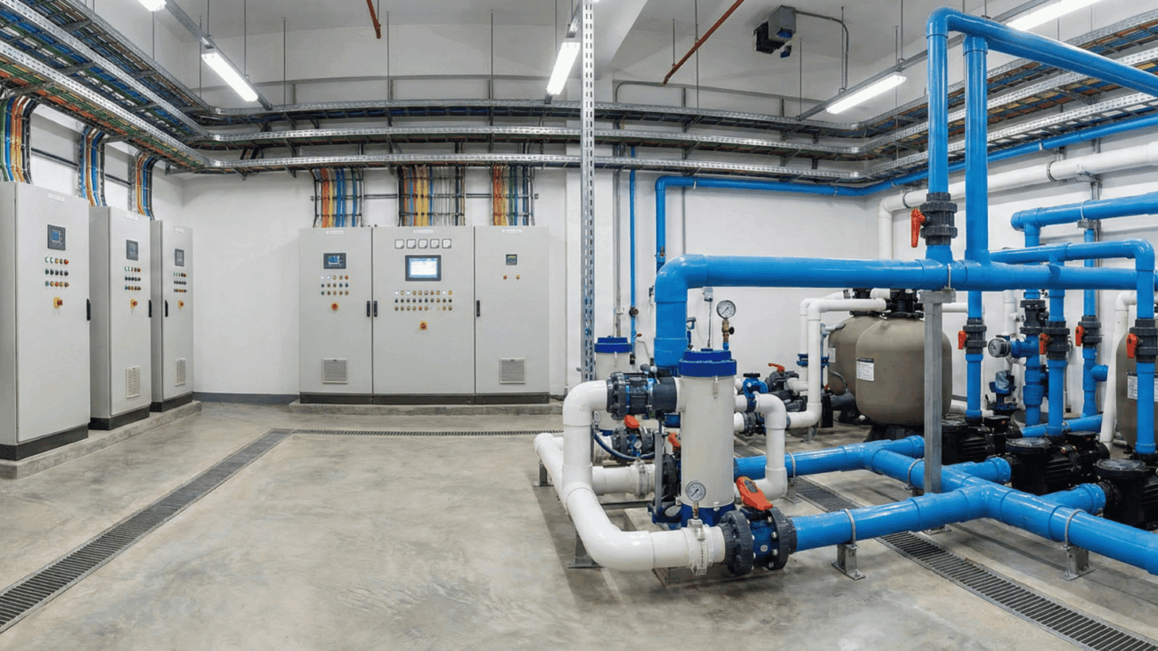 جهيز غرف مضخات مسابح احترافية في الكويت - عالم الأضواء